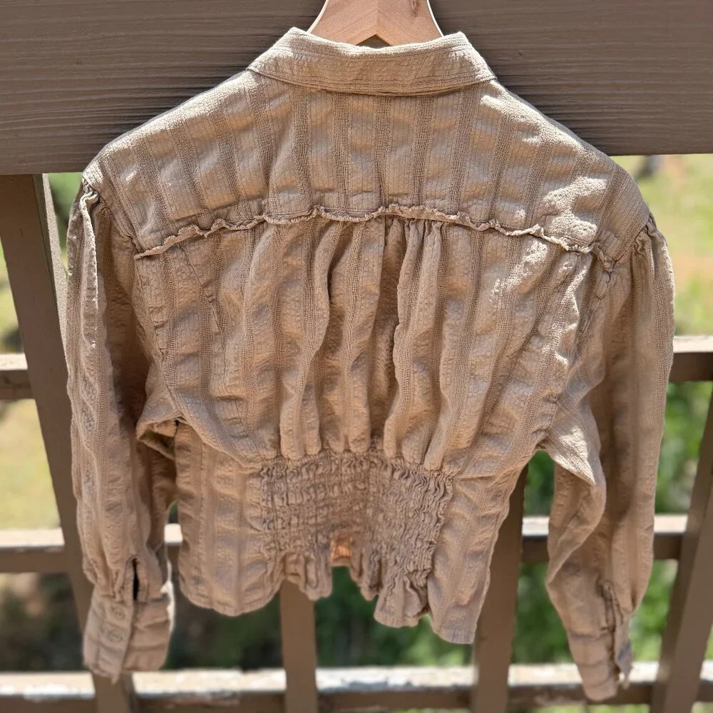 Free People Tammy Textured, Ruched Khaki Button Down